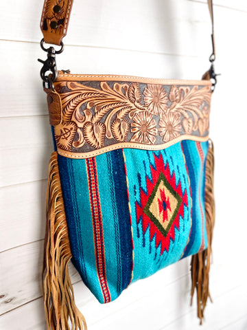 Diamond Serape Turquoise, Blue and Red Wool Leather Tooled Fringe Handbag