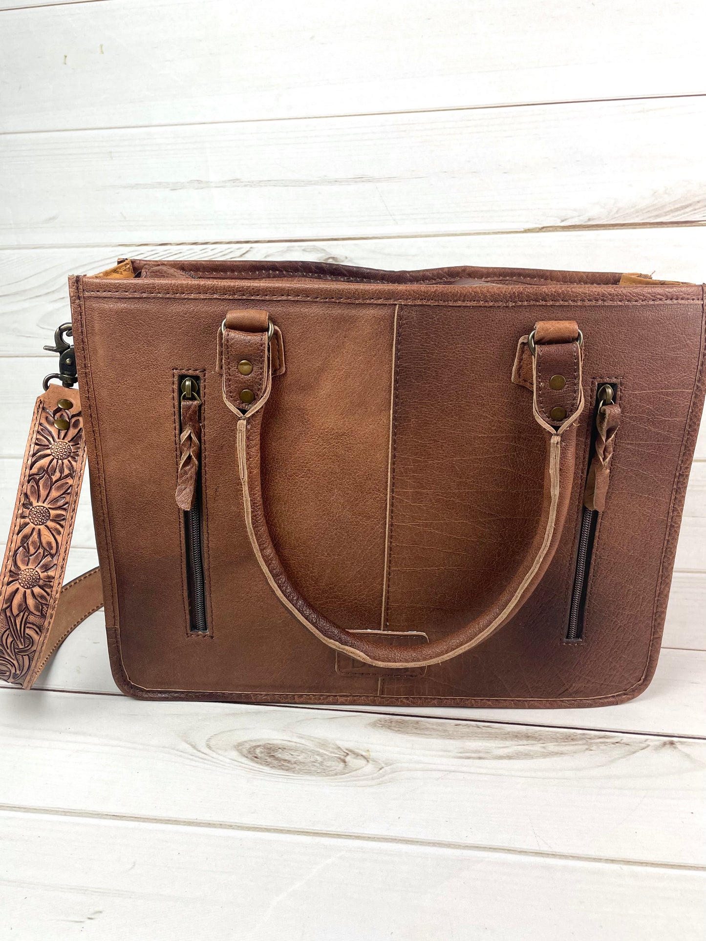 Prescott Black Grey Hide Tote with Leather Tooled Sunflowers