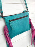 Pink & Turquoise Confetti Hide Leather Fringe Handbag