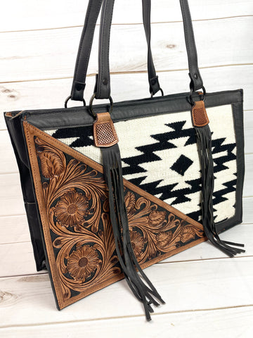 Black and Cream Wool with Tooled Leather Swatch Large Tote Bag