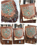 Country Turquoise Floral Tooled Fringe Leather Handbag