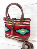 SALE! Red & Turquoise Diamond Pattern Large Wool Tote with Leather Buckle