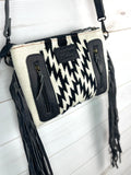 Black & Cream Wool Pattern with Leather Tooled Top and Side Fringe