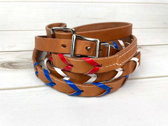Red White & Blue Laced Leather Barrel Reins