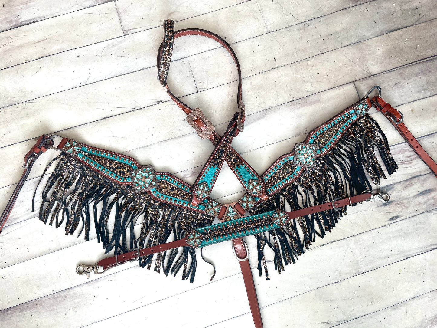 Teal Metallic Cheetah Fringe Tack Set