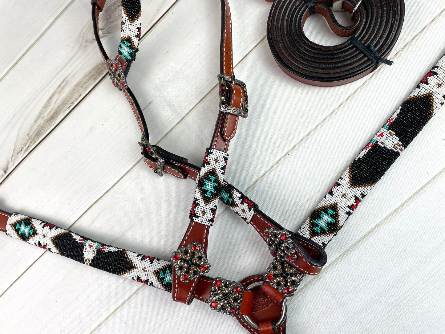 Black Beaded Steer (Bull) Skull Leather Tack Set