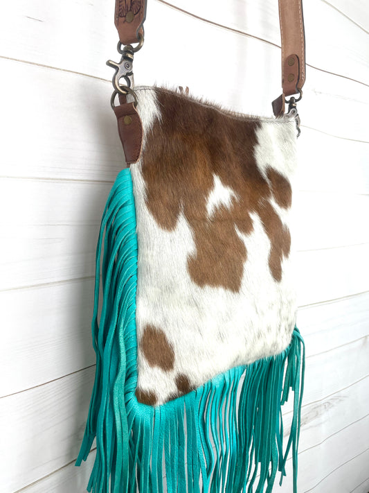 Brown and White Hide Crossbody Bag with Turquoise Fringe