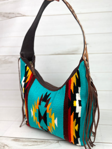 Turquoise Sunset Wool Pattern Hobo Leather Fringe Handbag