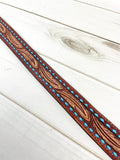 Brown Feather Tooled Leather Handbag Strap with Blue Buckstitch