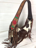 Rose Leather Tooled Cowhide Fringe Hobo Bag