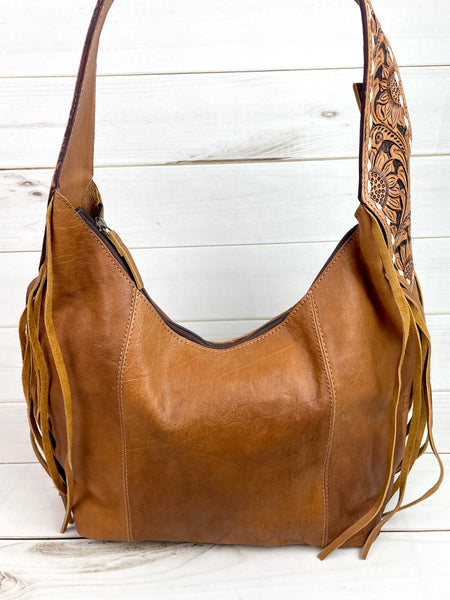 Tan Leather Tooled and Fringe Hobo Purse