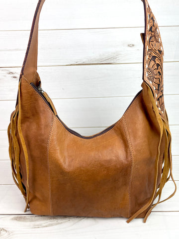 Tan Leather Hobo Fringe Tooled Handbag