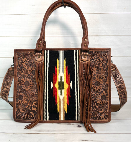 Black, Yellow, Red, Grey Aztec Pattern Wool Large Tote with Dark Leather Floral Tooling