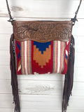 SALE! Canyon Red, Tan, Blue Wool Pattern & Leather Handbag