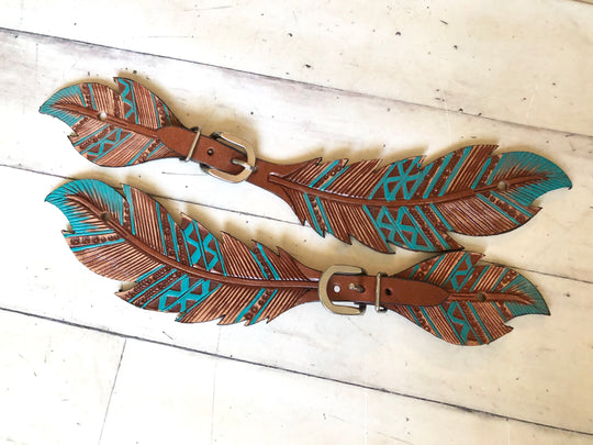 Ladies Teal Feather Cut Out Spur Straps