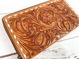 Floral and Scroll Tooled Tan Leather Buckstitch Zipper Wallet