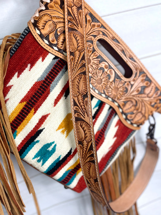Serape Red, Yellow, Teal Wool Leather Handle Fringe Bag