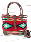 CLEARANCE! Red & Turquoise Diamond Pattern Large Wool Tote with Leather Buckle