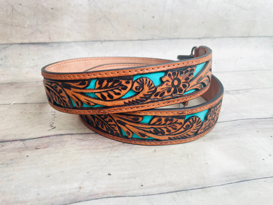 Floral Tooled Turquoise Painted Inset Leather Handbag Strap