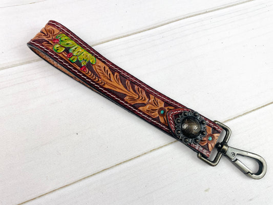 Floral & Cactus Bloom Tooled Wristlet Leather Keychain