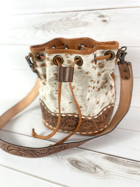 Ranchers Hide & Leather Tooled Band Bucket Handbag