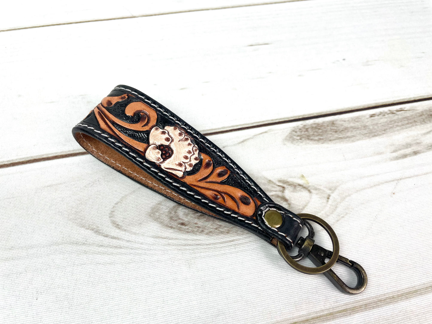Wide Tooled Leather Key Fobs