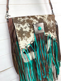 CLEARANCE! Turquoise and Brown Fringe Leather Hide Silver Concho Plate Crossbody Bag