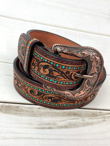 Turquoise Dotted Border Tooled Leather Woman’s Belt