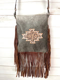 Grey Hair on Hide Leather Tooled Patch Crossbody Bag with Fringe