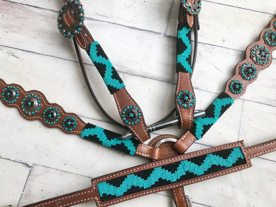 Black and Teal Zig Zag Beaded Wither Strap