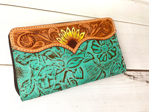 Turquoise Filigree Sunflower Leather Wallet