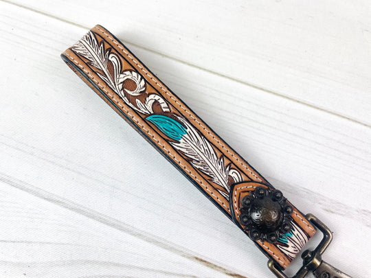 Turquoise & White Feather Tooled Wristlet Leather Key Fob