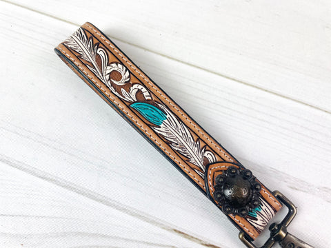 Turquoise & White Feather Tooled Wristlet Leather Keychain