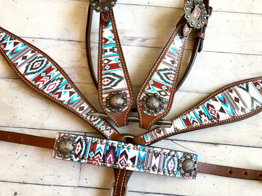 Teal and Brown Aztec Pattern Wither Strap with Conchos