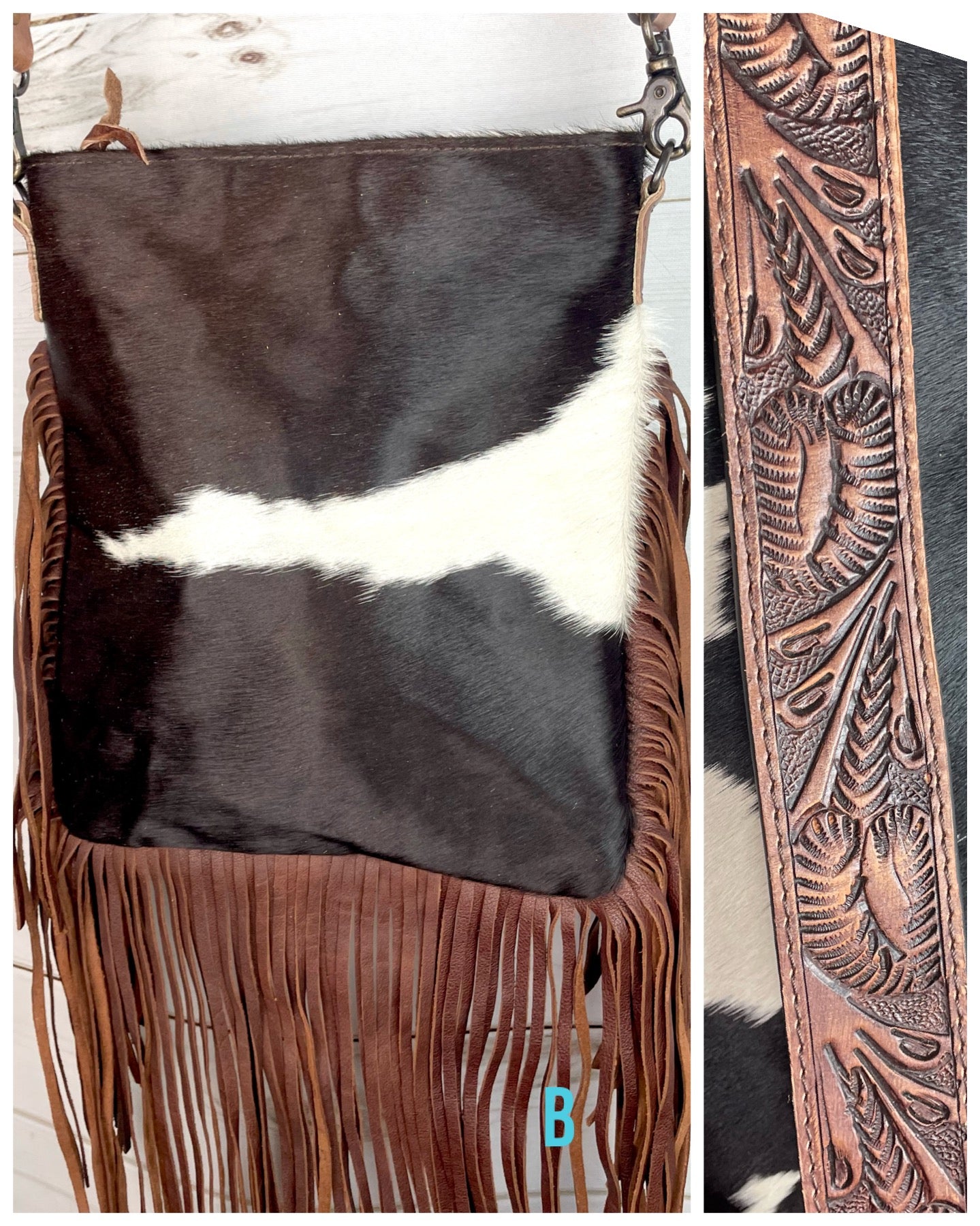 Brown & White Cowhide Fringe Crossbody Bag