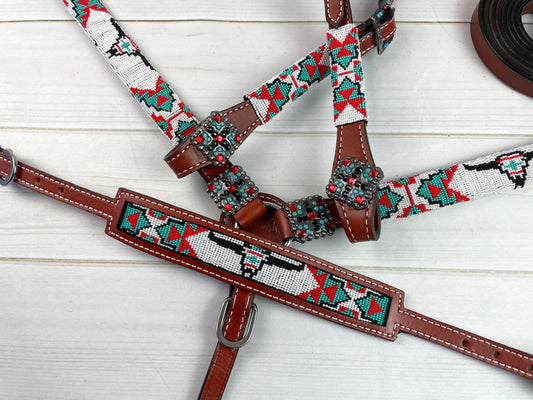 White Beaded Steer / Bull Skull Leather Tack Set