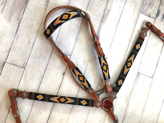Yellow Orange Black Diamond Beaded Wrapped Tack Set