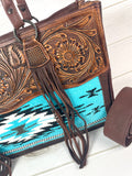 Large Tooled Leather & Blue Wool Tote