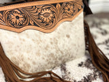 Tan Hide Floral Tooled Leather Fringe Square Handbag