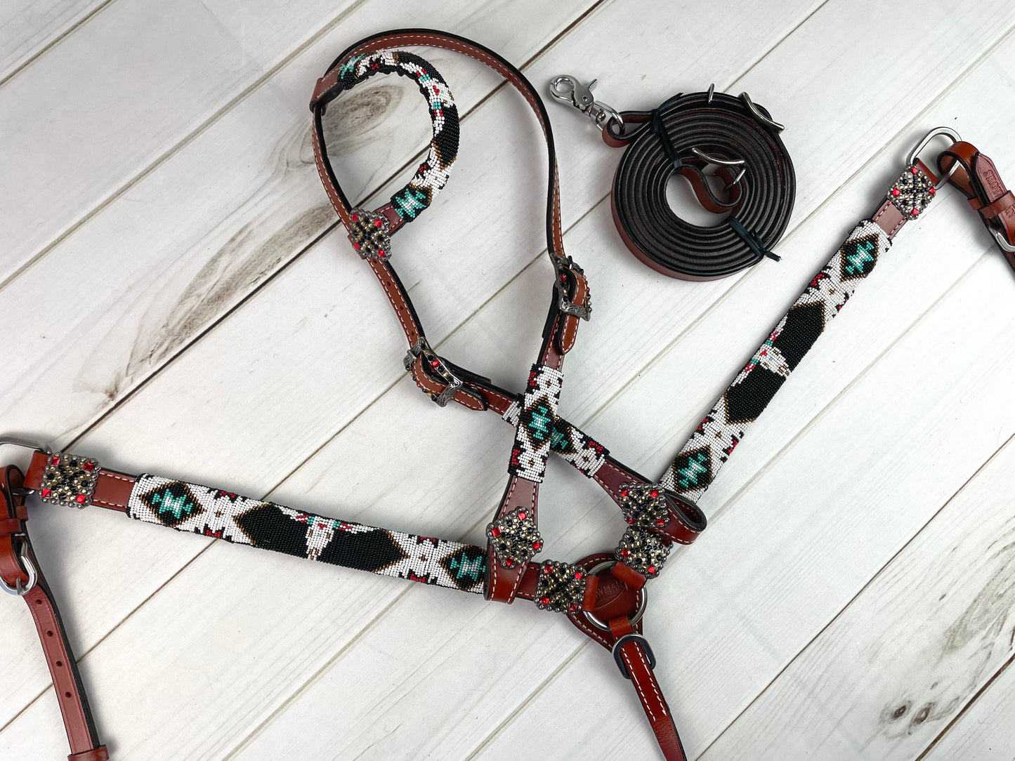 Black Beaded Steer (Bull) Skull Leather Tack Set