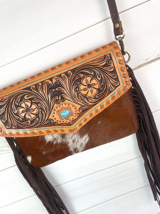 Leather Scroll Tooled & Hide Envelope Bag with Teal Stone
