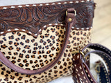 SALE! Leopard Print on Hide - Tooled Leather Buckstitch Handle Bag