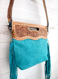 Sale!! Turquoise Suede Brocade Handle Crossbody Bag