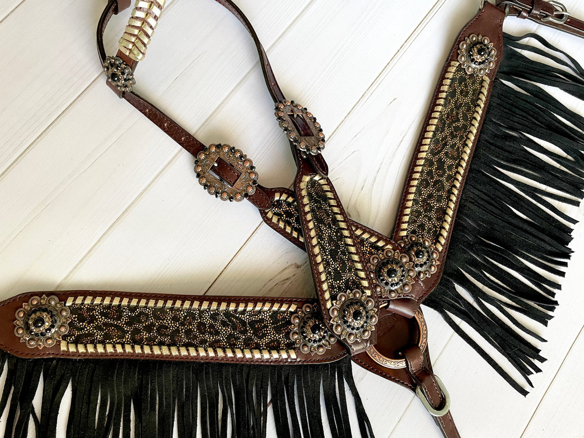 Shimmer Leopard Black Fringe Tack Set