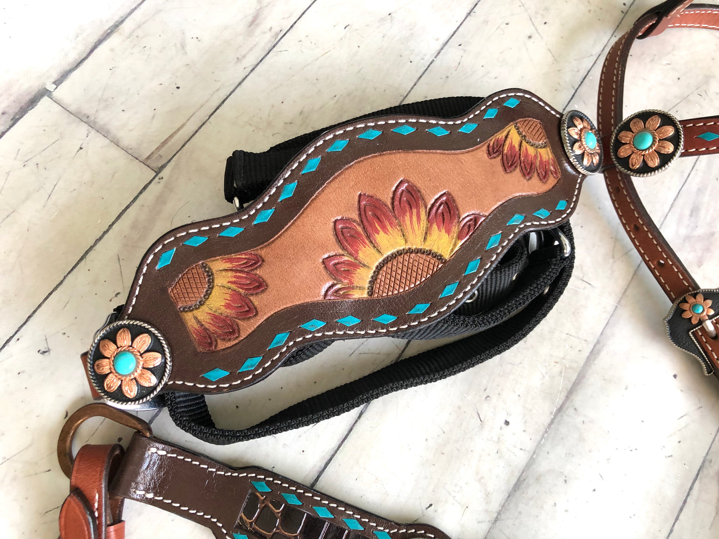 Sunflower Tooled Painted Inset Teal Buckstitch Tack Set
