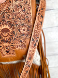 Country Hide & Tan Leather Floral Tooled Fringe Handbag