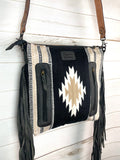 Santa Fe Tan and Black Diamond Wool Leather Tooled Fringe Handbag