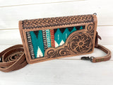 Floral Tooled Leather Turquoise and Red Wool Inset Carryall Wallet