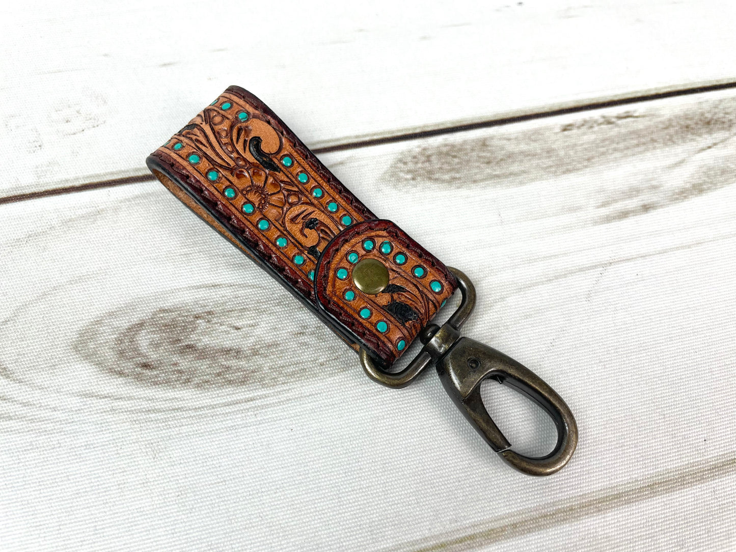 Tooled Leather Tab Key Fob