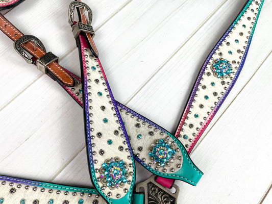 Ombre Pink, Purple, Teal Leather Hide Tack Set